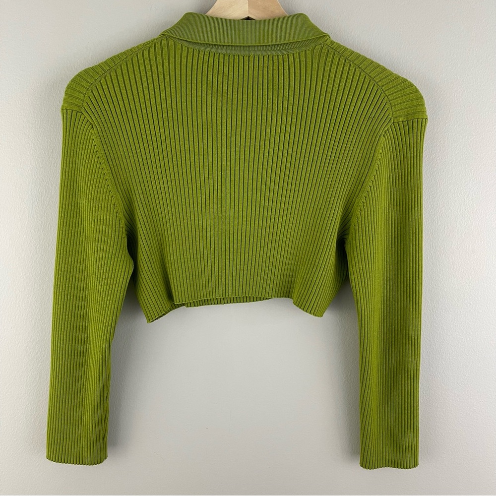 CABLE & GAUGE Y2K 90’s Vibes Green Ribbed Rhinestone Half Zip Cropped Sweater - Picture 9 of 10